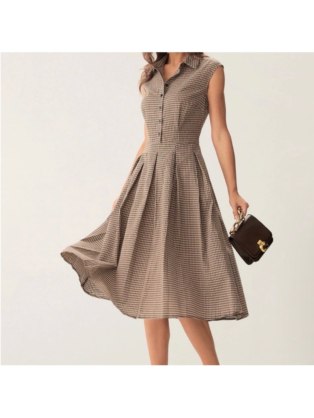 RIHOAS | Women’s Cap Sleeve Collared Brown Checkered Midi Dress size Small